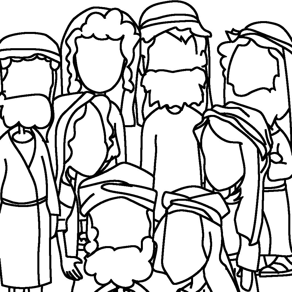 A group of people, likely Noah and his family, stand together inside the ark, safe from the great flood, showing their trust in God's plan. They are drawing happy faces to show how glad they are that they trusted God.