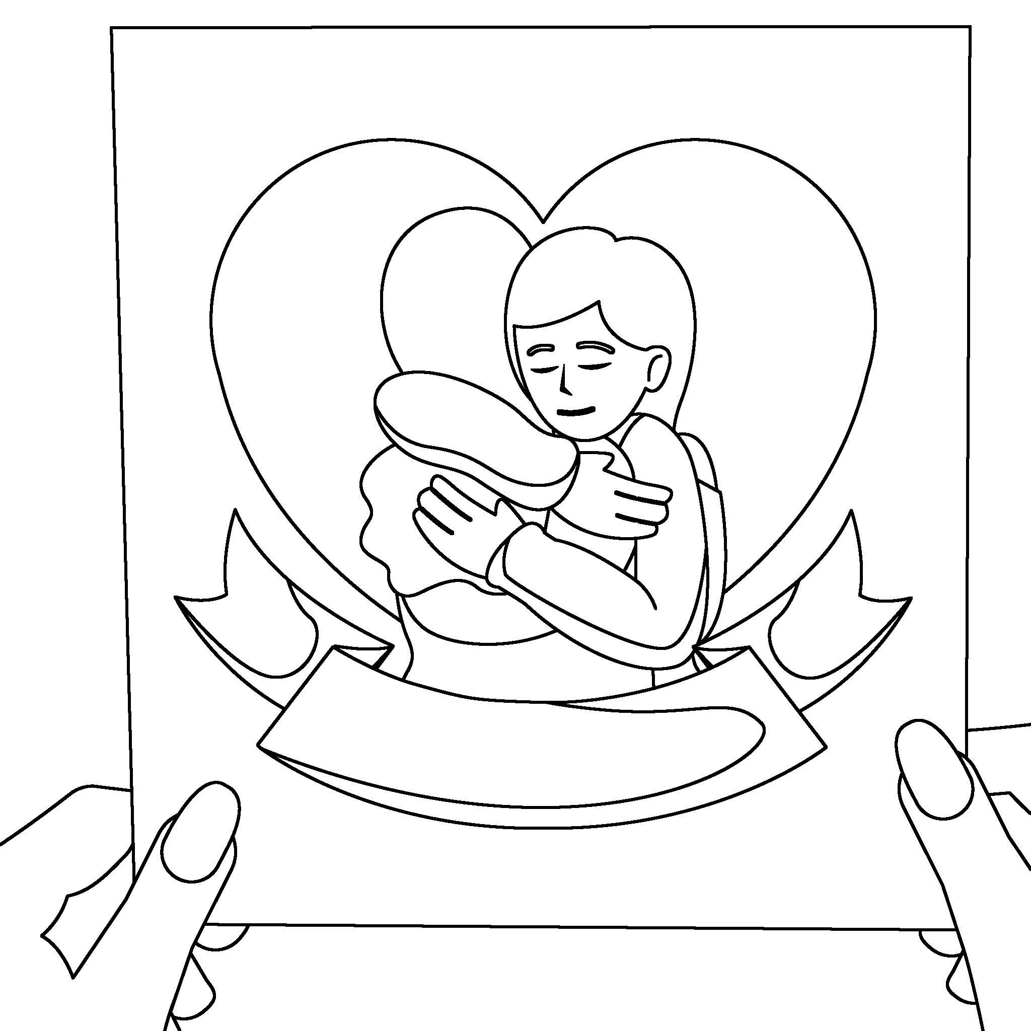 A drawing shows two people hugging inside a heart, with a banner below. Add a thank you message to the banner.