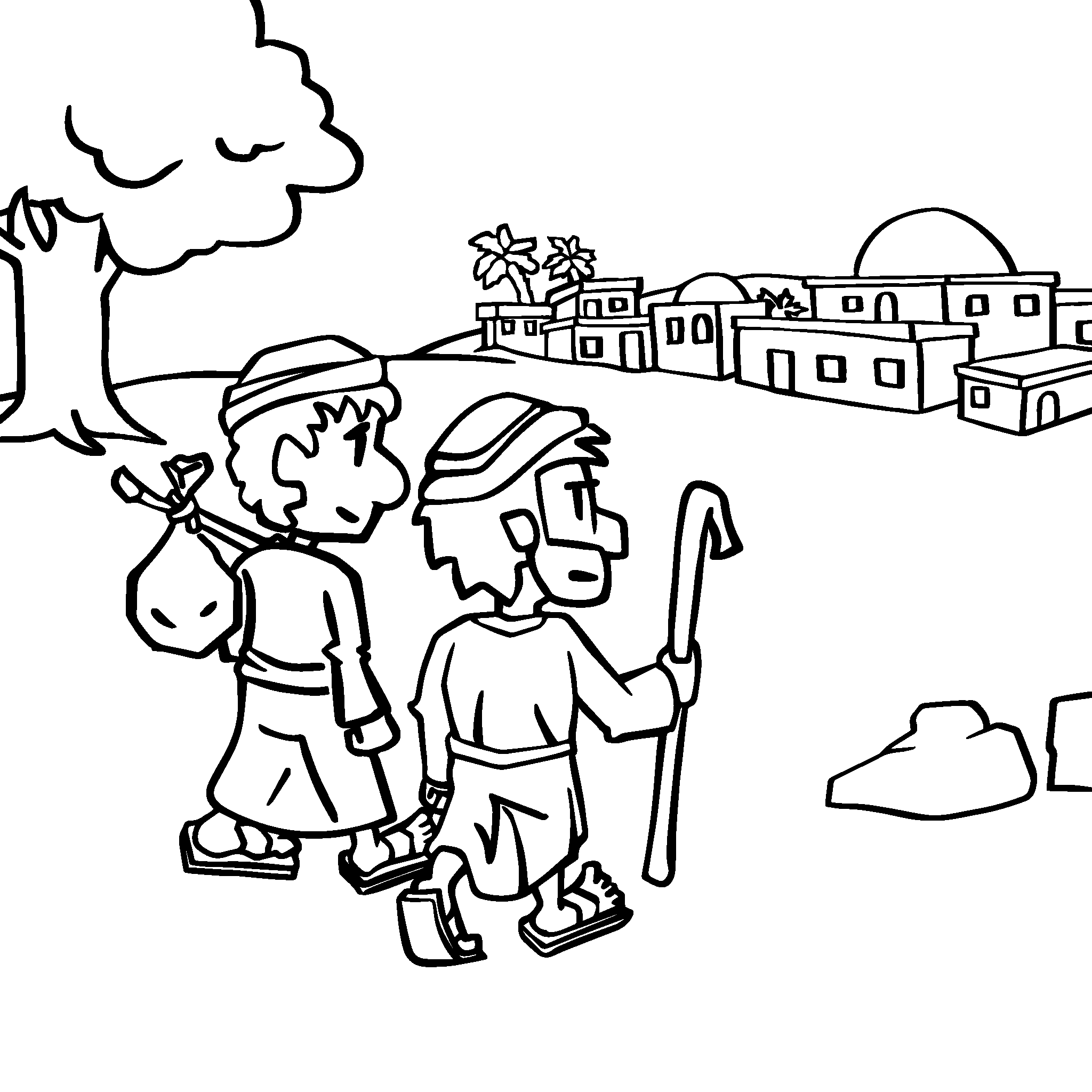 Two travellers walk on a path.